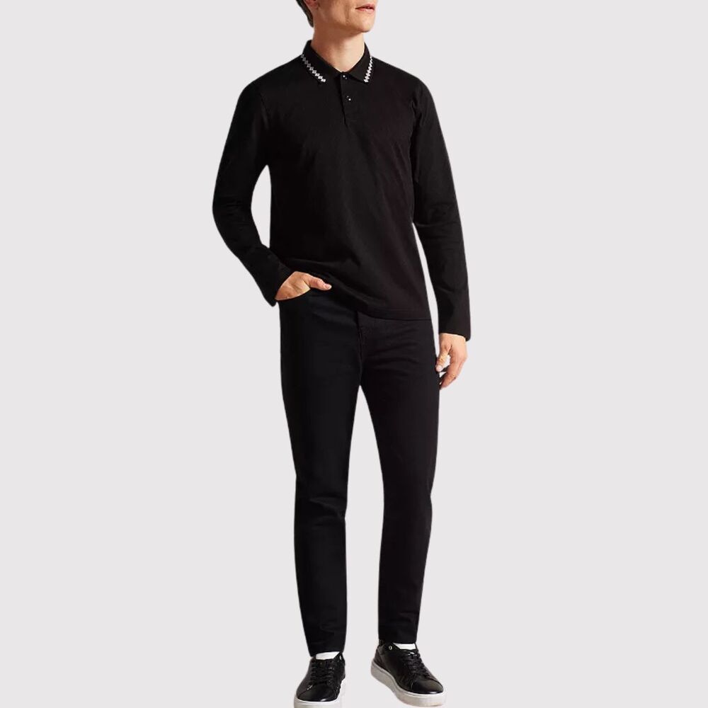 NWT Ted Baker Mens Polo Shirt Black Holrood Argyle Jacquard Long Sleeve Large
